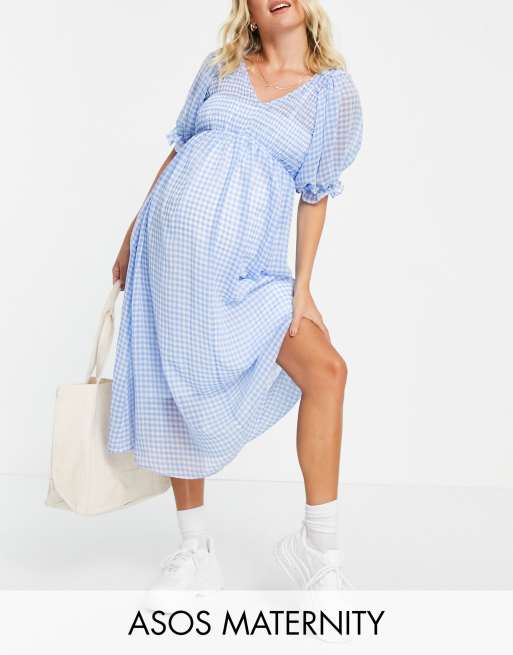 ASOS DESIGN Maternity - Nette maxi jurk met aangerimpeld lijfje en blauw-witte gingham ruit