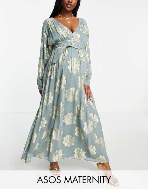ASOS DESIGN Maternity - Nette midi-jurk met vleermuismouwen en ceintuur van metallic jacquard