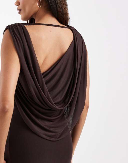 ASOS DESIGN Maternity – Netzstoff-Maxikleid in Schokobraun mit One-Shoulder-Träger, geraffter Vorderseite und drapierter Rückseite, 4 von 4