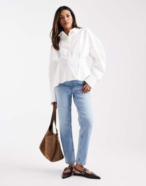 ASOS DESIGN Maternity slim fit comfort mom jeans in mid blue