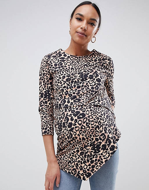 ASOS DESIGN Maternity nursing asymmetric top with double layer in natural leopard print