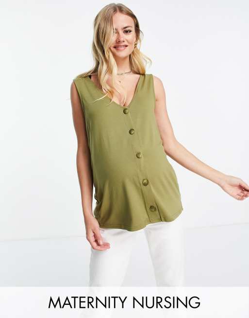 ASOS DESIGN Maternity nursing button down singlet in dark khaki