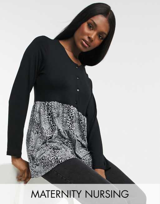 ASOS DESIGN Maternity nursing button front long sleeve smock top in black animal print ASOS