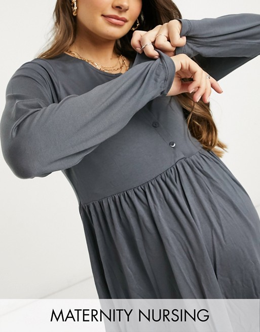 ASOS DESIGN Maternity nursing button front long sleeve smock top in charcoal
