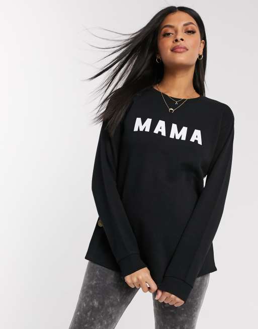 ASOS DESIGN Maternity nursing button side sweat with mama slogan in black