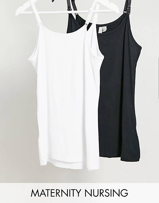 ASOS DESIGN Maternity nursing cami with clips 2 pack black and white