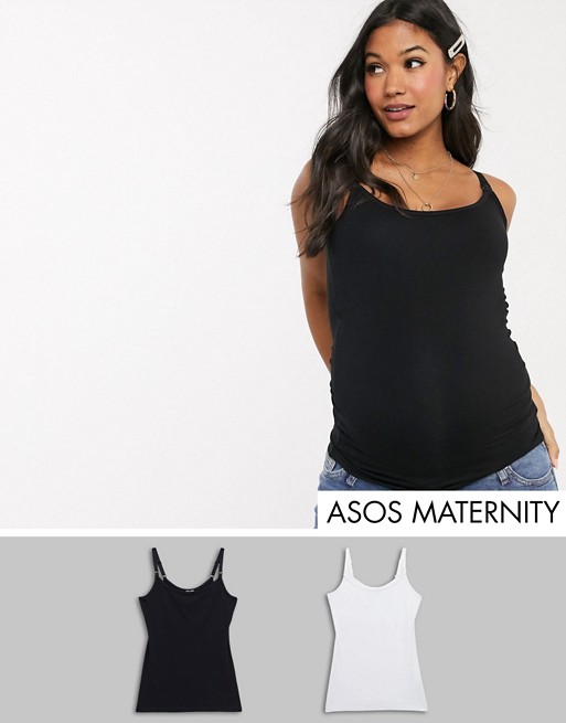 ASOS DESIGN Maternity nursing cami with clips 2 pack in black and white