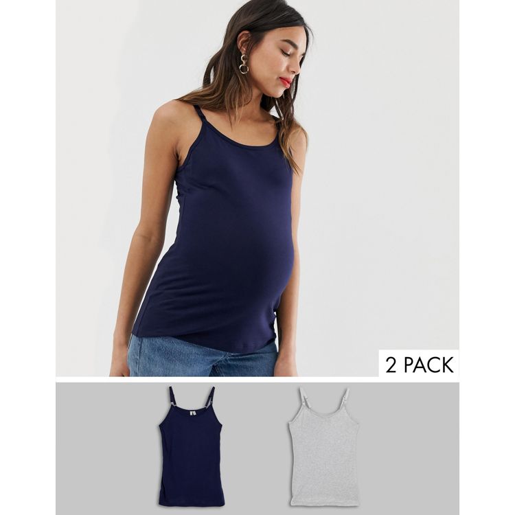 ASOS DESIGN Maternity nursing cami with clips 2 pack in grey and navy