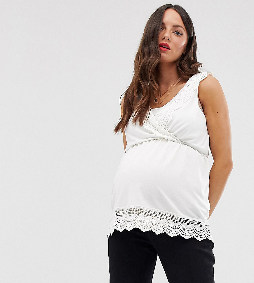 ASOS DESIGN Maternity nursing crochet trim top with peplum in ecru-White