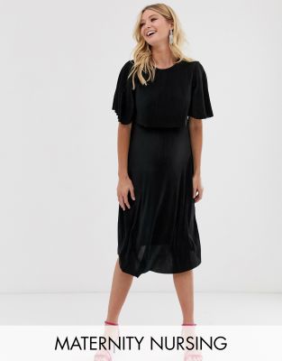 ASOS DESIGN Maternity Nursing crop top plisse midi dress in black | ASOS