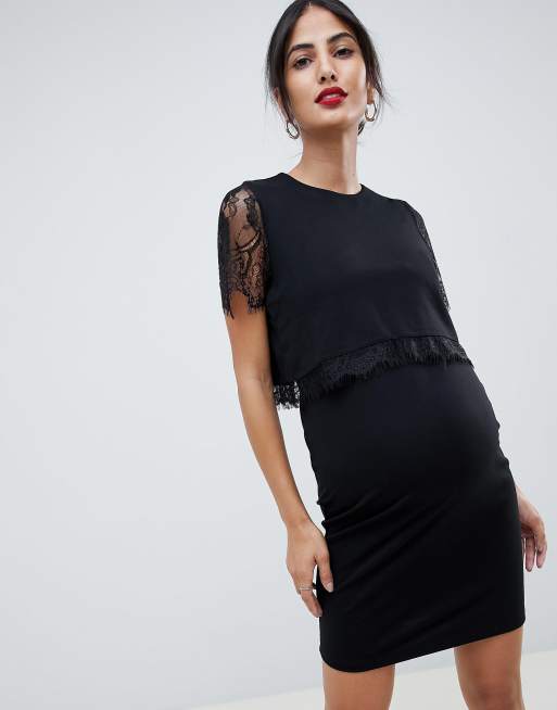 ASOS DESIGN Maternity nursing double layer bodycon dress with lace trim ASOS