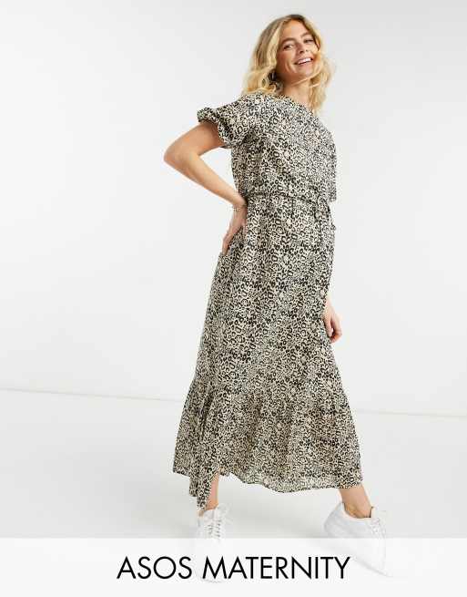 Download Asos Design Maternity Nursing Double Layer Midi Dress With Pephem In Natural Leopard Asos