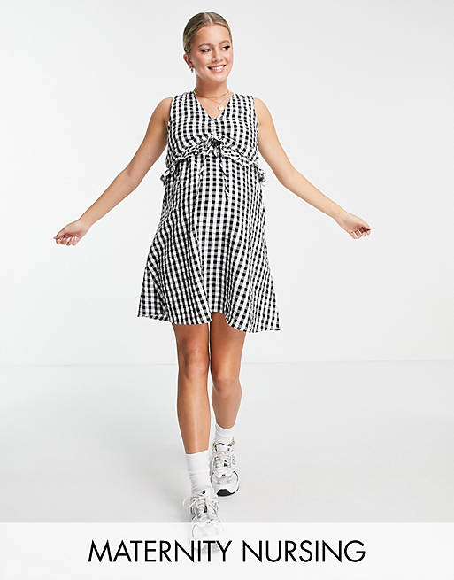 ASOS DESIGN Maternity nursing double layer mini sundress with ruched detail in gingham