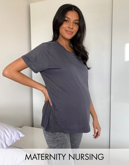ASOS DESIGN Maternity nursing double layer short sleeve t-shirt in charcoal