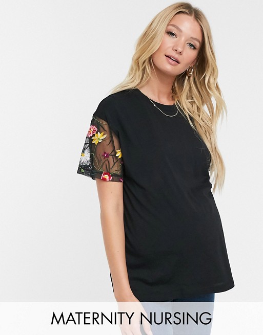 ASOS DESIGN Maternity nursing double layer t-shirt with embroidered sleeve