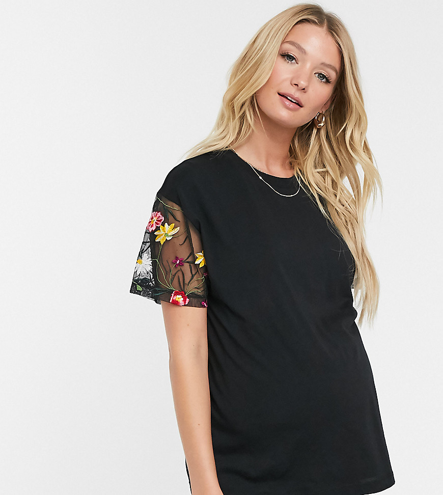 ASOS DESIGN Maternity nursing double layer t-shirt with embroidered sleeve-Black