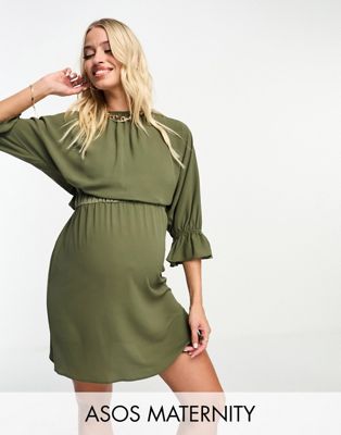 ASOS DESIGN Maternity nursing drawstring waist mini dress in khaki-Green