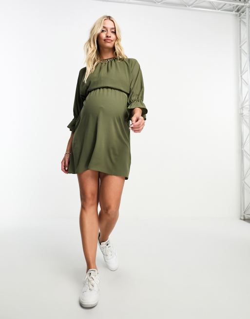 ASOS DESIGN Maternity nursing drawstring waist mini dress in khaki