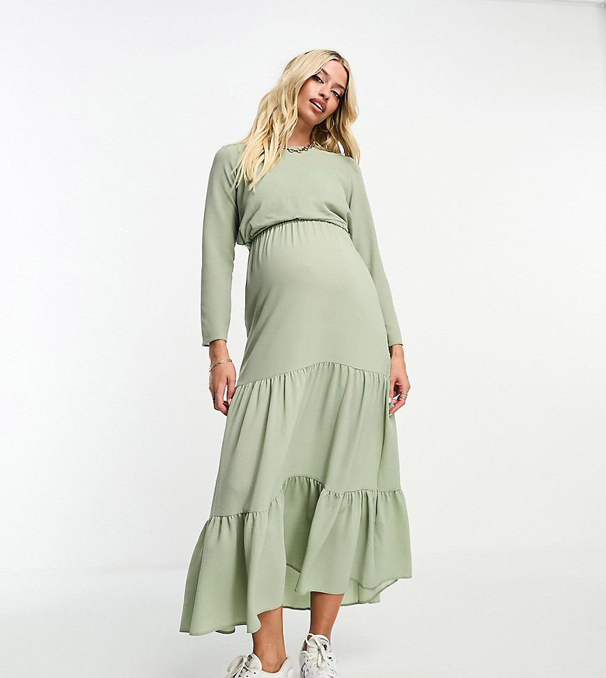 Asos Maternity Asos Design Maternity Nursing Drawstring Waist Tiered Midi Dress In Sage-green