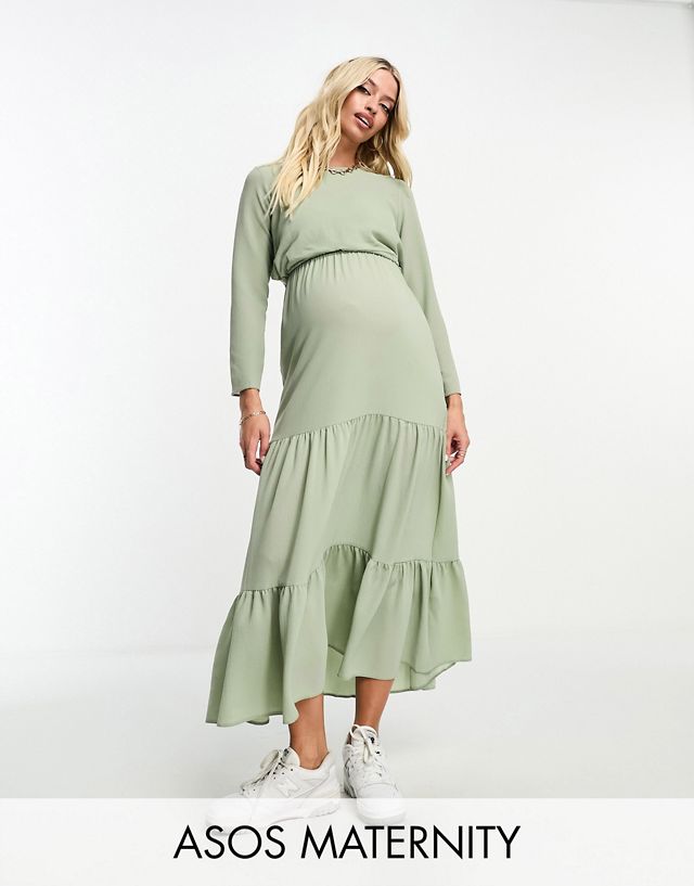 ASOS DESIGN Maternity nursing drawstring waist tiered midi dress in sage