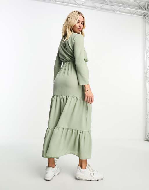 ASOS DESIGN Maternity soft midi dress with button front and trailing floral  embellishment in sage