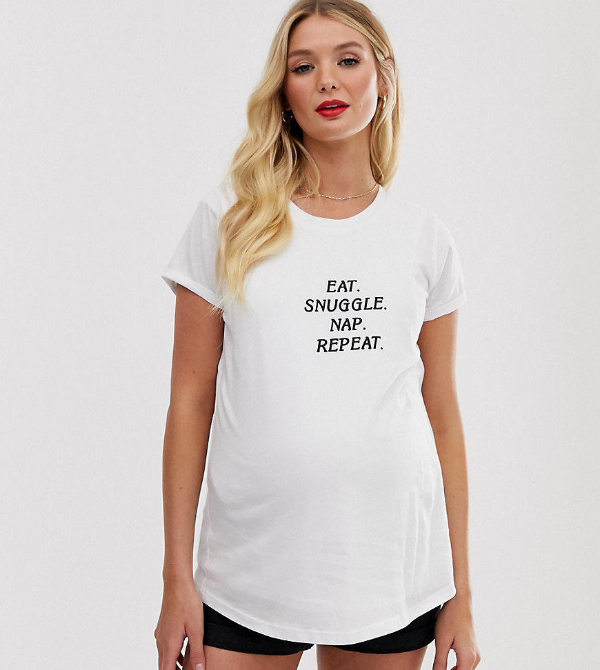 ASOS DESIGN Maternity nursing eat snuggle nap repeat slogan t-shirt-White