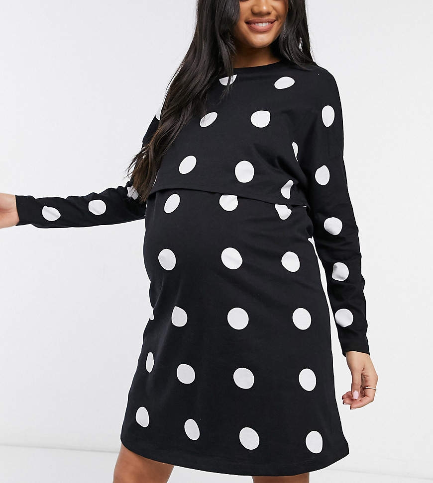 ASOS DESIGN Maternity nursing exclusive overlay long sleeve t-shirt mini dress in black and white polka dot