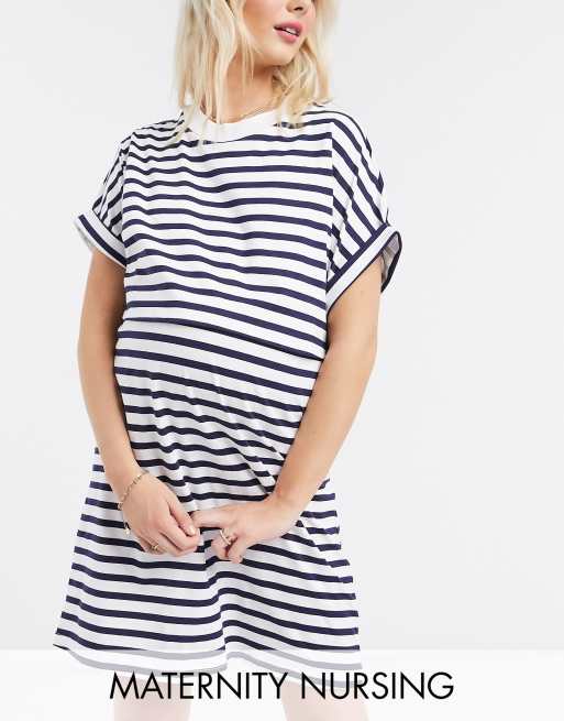 ASOS DESIGN Maternity Nursing Exclusive overlay t-shirt mini dress in stripe