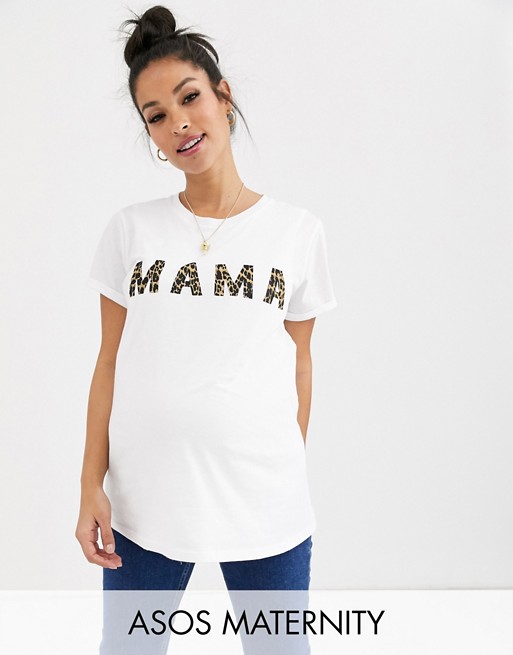 ASOS DESIGN Maternity nursing mama slogan t-shirt with leopard handwriting
