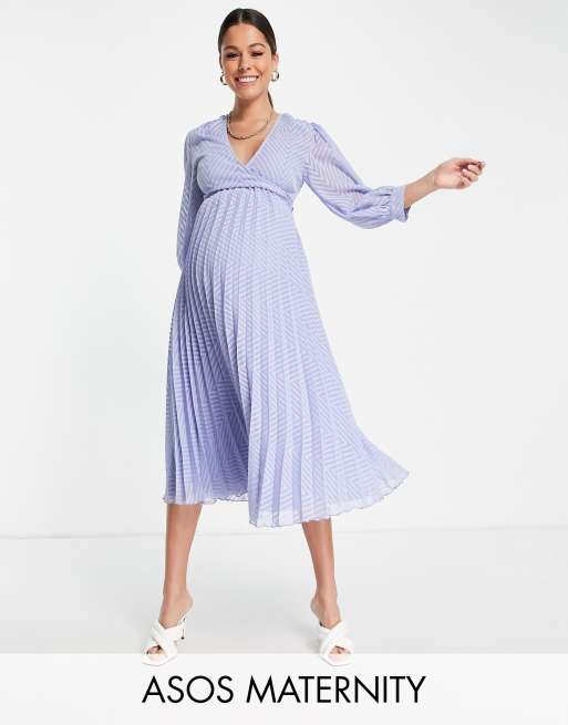 ASOS DESIGN Maternity nursing pleated tie wrap around midi dress in chevron  dobby in dusky blue