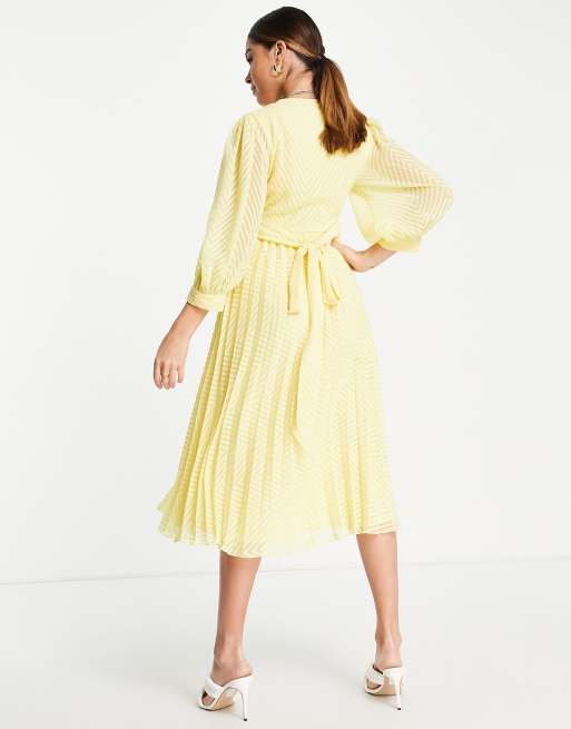 ASOS DESIGN Maternity nursing pleated tie wrap around midi dress in chevron dobby in lemon yellow