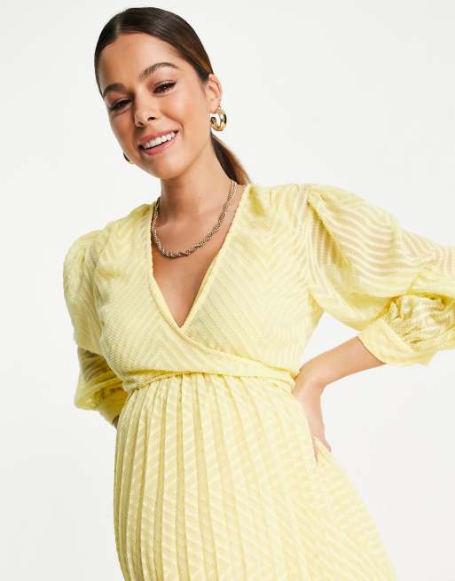 ASOS DESIGN Maternity nursing pleated tie wrap around midi dress in chevron  dobby in lemon yellow