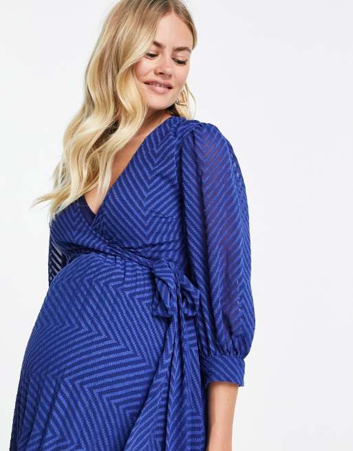 ASOS DESIGN Maternity nursing pleated tie wrap around midi dress in chevron  dobby in navy