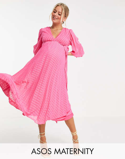 ASOS DESIGN Maternity nursing pleated tie wrap around midi dress in chevron dobby in pink - view 1