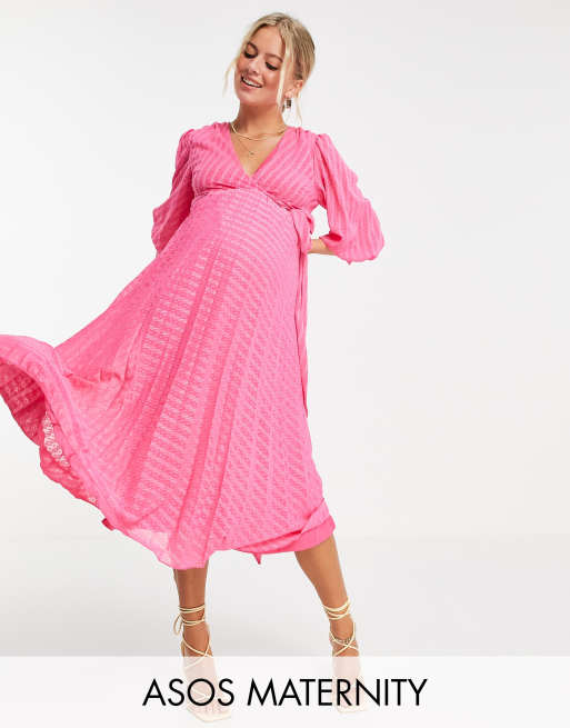 ASOS DESIGN Maternity nursing pleated tie wrap around midi dress in chevron dobby in pink