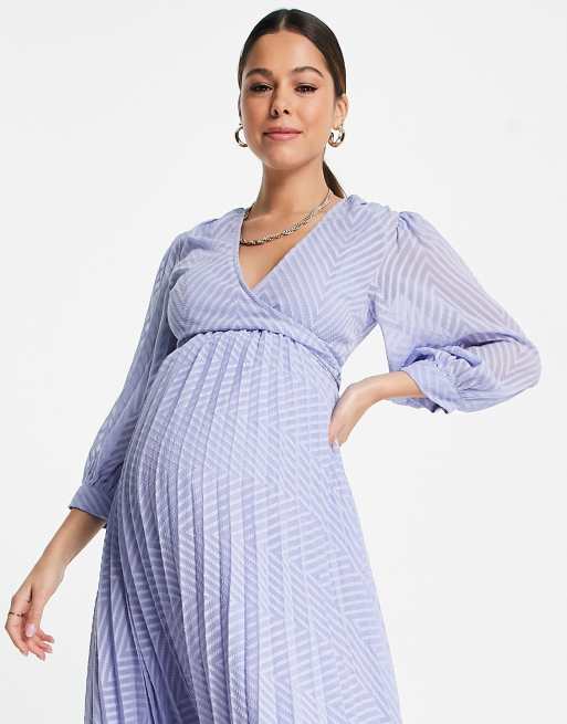 ASOS DESIGN Maternity nursing pleated tie wrap around midi dress in chevron  texture in dusky blue