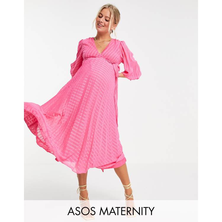 asos pink maternity dress ASOS DESIGN Maternity pleated midi dress with a belt in bright pink