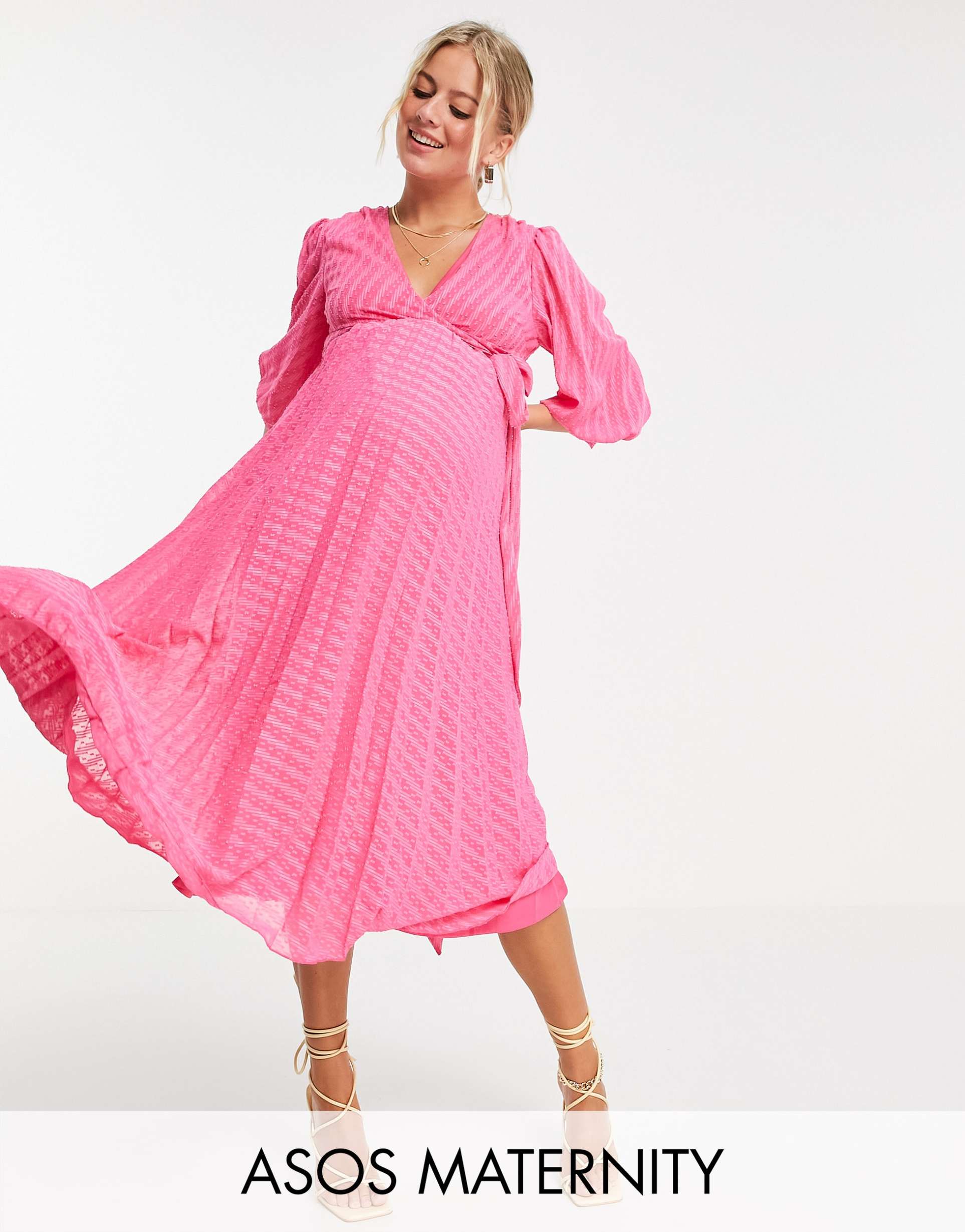 asos design maternity nursing pleated tie wrap around midi dress in textured chevron in pink
