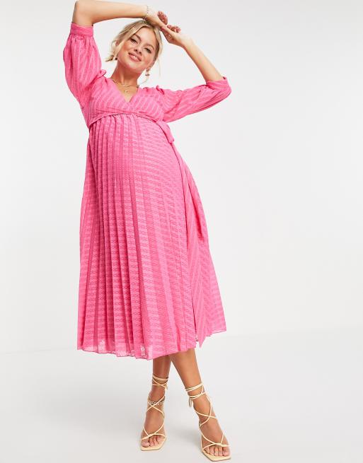 ASOS DESIGN Maternity nursing pleated tie wrap around midi dress in  textured chevron in pink