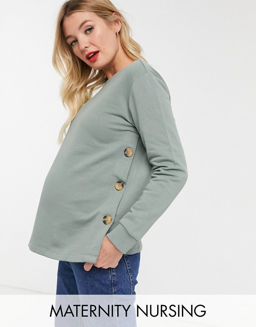 ASOS DESIGN Maternity nursing sweat with button side in sage green
