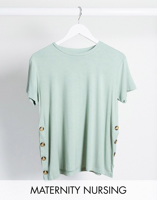 ASOS DESIGN Maternity nursing t-shirt with button side in sage green