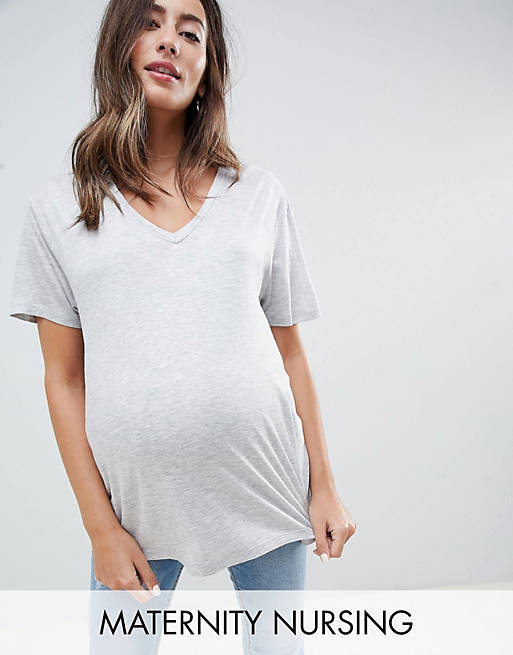 ASOS DESIGN Maternity nursing v-neck t-shirt in gray marl