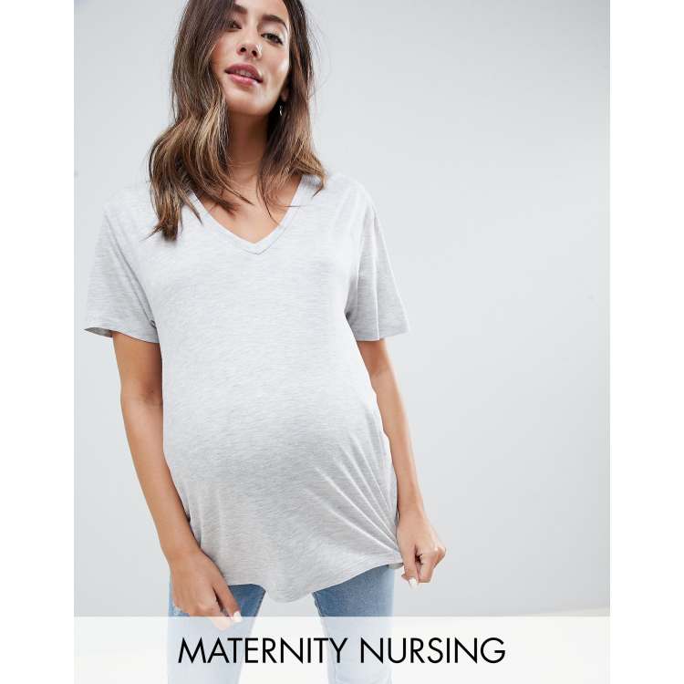 ASOS DESIGN Maternity nursing v-neck t-shirt in gray marl