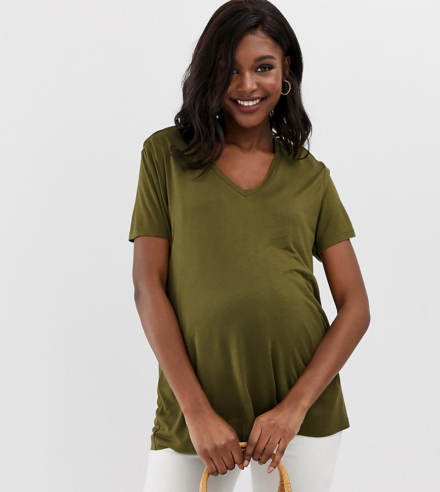 ASOS DESIGN Maternity nursing v-neck t-shirt in khaki-Green