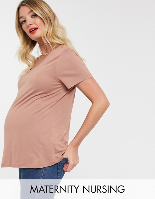 ASOS DESIGN Maternity nursing v neck t-shirt in light brown