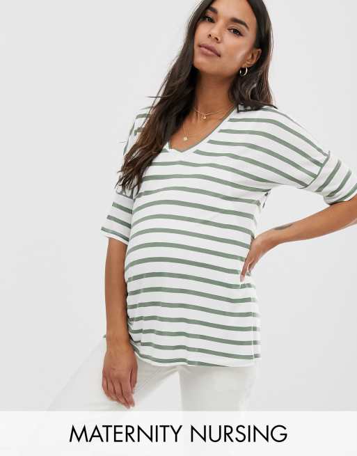 Asos Design Maternity Nursing V Neck T Shirt In Stripe Asos 