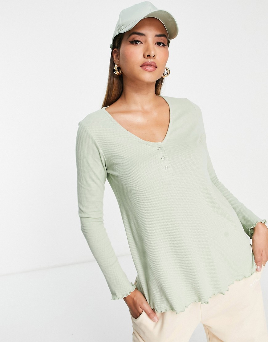 ASOS DESIGN Maternity Nursing waffle long sleeve top with buttons in sage-Red