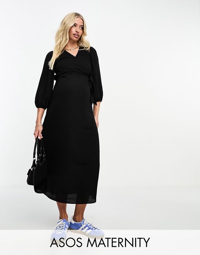 ASOS DESIGN Maternity nursing wrap midi dress in black