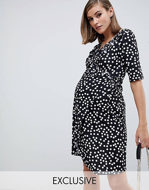 ASOS DESIGN Maternity Nursing wrap tea dress with frill in polka dot print
