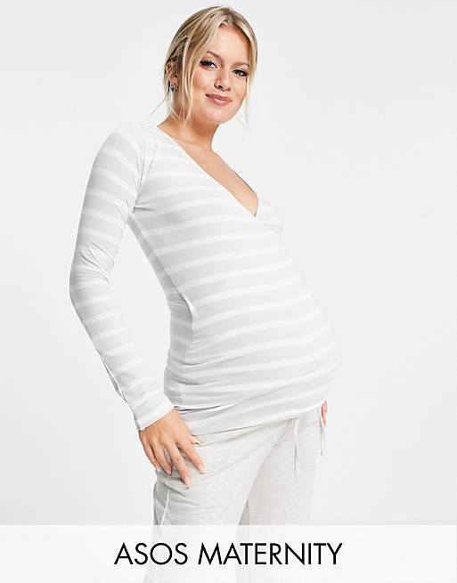 Women Maternity nursing wrap with long sleeves in grey and white stripe 